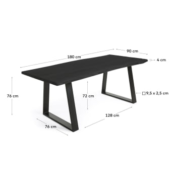 Alaia table in solid black acacia wood with black steel legs 180 x 90 cm - sizes