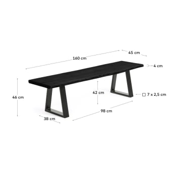 Alaia bench in solid black acacia wood with black steel legs 160 cm - sizes