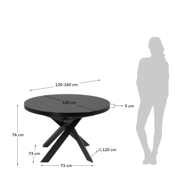 Ανοιγόμενο στρογγυλό τραπέζι Vashti, γυαλί και μαύρα ατσάλινα πόδια, Ø 120 (160) εκ - μεγέθη