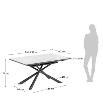 Theone porcelain extendable table in white and black steel legs 160 (210) x 90 cm - sizes