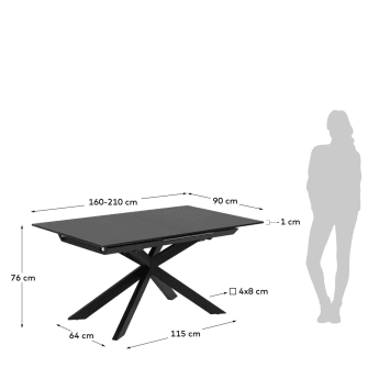 Atminda Ausziehtisch aus Glas und Stahlbeine in Schwarz 160 (210) x 90 cm - Größen