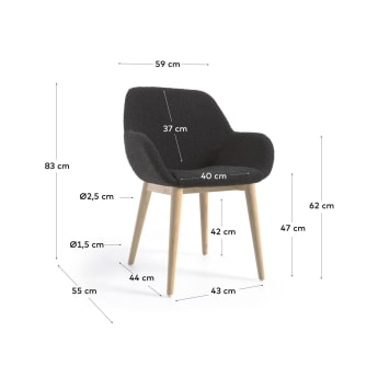 Καρέκλα Konna, μαύρο ύφασμα fleece και πόδια σε μασίφ ξύλο οξυάς σε φυσικό φινίρισμα - μεγέθη