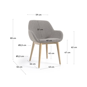 Καρέκλα Konna, γκρι ύφασμα fleece και πόδια σε μασίφ ξύλο οξυάς σε φυσικό φινίρισμα - μεγέθη
