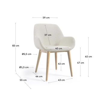 Καρέκλα Konna, λευκό ύφασμα fleece και πόδια σε μασίφ ξύλο οξυάς σε φυσικό φινίρισμα - μεγέθη