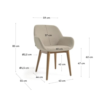 Καρέκλα Konna, μπεζ και πόδια σε μασίφ ξύλο οξυάς σε σκουρόχρωμο φινίρισμα - μεγέθη