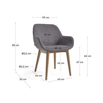 Καρέκλα Konna, σκούρο γκρι και πόδια σε μασίφ ξύλο οξυάς σε σκουρόχρωμο φινίρισμα - μεγέθη