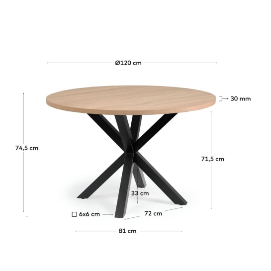 Table ronde Full Argo en mélaminé naturel et pieds en acier finition noire Ø 119 cm - dimensions