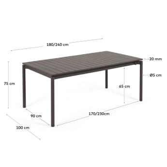 Table de jardin extensible Zaltana en aluminium gris foncé mat 180 (240) x 100 cm - dimensions