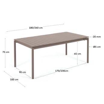 Zaltana extendable aluminium outdoor table with matt brown finish 180 (240) x 100 cm - sizes