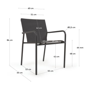 Krzesło ogrodowe sztaplowane Zaltana z aluminium malowanego na matowy czarny kolor - rozmiary