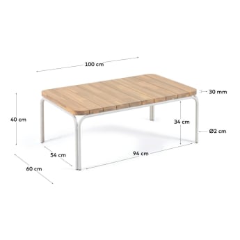 Tavolino da salotto Cailin in legno massello acacia gambe acciaio bianco 100x60cm FSC100% - dimensioni