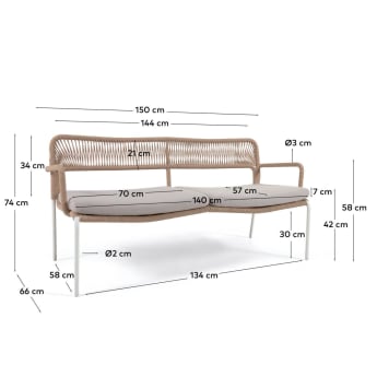2θ καναπές Cailin, μπεζ σχοινί, λευκά πόδια σε γαλβανισμένο ατσάλι, 150εκ - μεγέθη