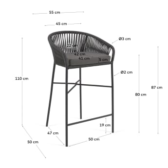 Yanet stool made from black cord and galvanised steel, height 65 cm - sizes