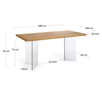 Lotty table in oak veneer with natural finish and glass legs 180 x 100 cm - sizes