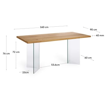Lotty table in oak veneer with natural finish and glass legs 160 x 90 cm - sizes
