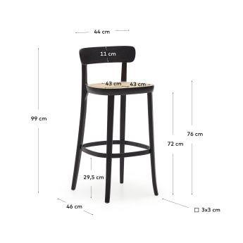 Romane beechwood stool with a black finish, ash wood veneer and ratan seat height 75 cm - sizes