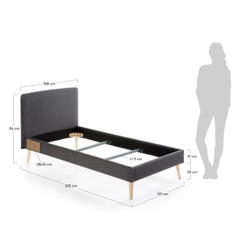 Dyla bed with removable cover in black white solid beech wood legs, for a 90 x 190 cm mattress - sizes