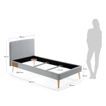 Dyla grey bed with removable cover and solid beech wood legs, 90 x 190 cm - sizes