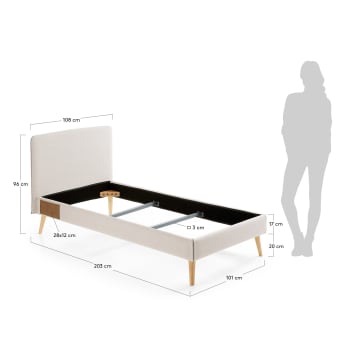 Dyla bed with removable cover in beige, with solid beech wood legs for a 90 x 190 cm mattress - sizes