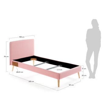 Dyla bed with removable cover in pink, with solid beech wood legs for a 90 x 190 cm mattress - sizes