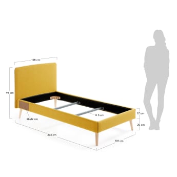 Dyla bed with removable cover in mustard, with solid beech wood legs for a 90 x 190 cm mattress - sizes