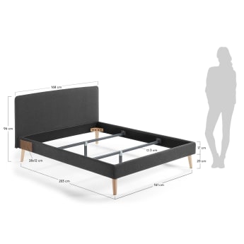 Dyla bed with removable cover in black, with solid beech wood legs for a 150 x 190 cm mattress - sizes