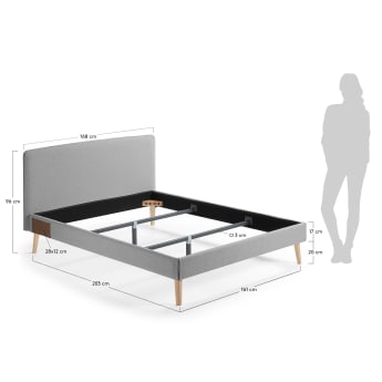 Dyla bed with removable cover in grey, with solid beech wood legs for a 150 x 190 cm mattress - sizes