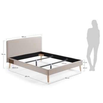 Dyla bed with removable cover in beige, with solid beech wood legs for a 150 x 190 cm mattress - sizes