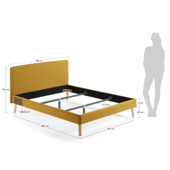 Dyla bed with removable cover in mustard, with solid beech wood legs for a 150 x 190 cm mattress - sizes