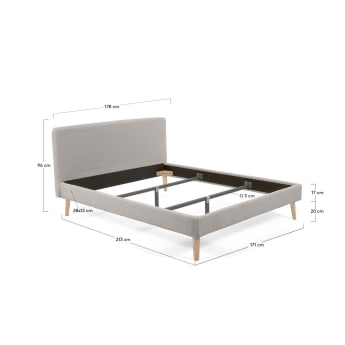 Dyla bed in light grey fleece, with solid beech wood legs for a 160 x 200 cm mattress - sizes