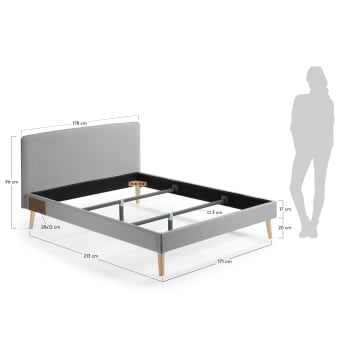 Dyla bed with removable cover in grey, with solid beech wood legs for a 160 x 200 cm mattress - sizes