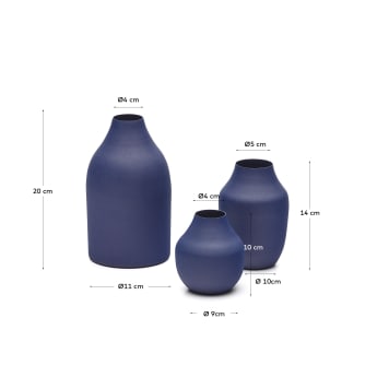 Lot Pubol de 3 vases en métal bleu 10 cm 14 cm 20 cm - dimensions