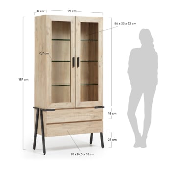Thinh solid acacia wood display cabinet with steel legs in a black finish, 95 x 187 cm - sizes