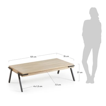 Table basse Thinh en bois massif d'acacia et pieds en acier finition noire 125 x 70 cm - dimensions