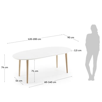 Mesa extensible oval Oqui MDF lacado blanco y patas madera maciza haya 120 (200) x 90 cm - tamaños