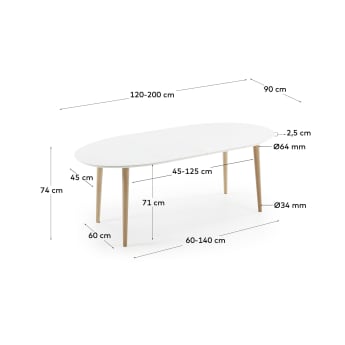 Table extensible ovale Oqui MDF laqué blanc et pieds bois massif hêtre 120 (200) x 90 cm - dimensions