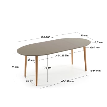 Table extensible ovale Oqui MDF laqué marron et pieds bois massif hêtre 120 (200) x 90 cm - dimensions
