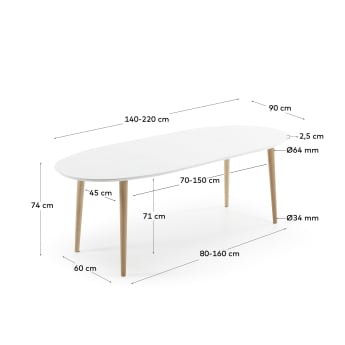 Table extensible ovale Oqui MDF laqué blanc et pieds bois massif hêtre 140 (220) x 90 cm - dimensions