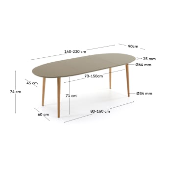 Table extensible ovale Oqui MDF laqué marron et pieds bois massif hêtre 140 (220) x 90 cm - dimensions