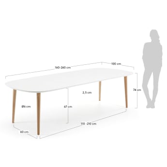 Oqui extendable oval table with an oak veneer and solid wood legs, Ø 160 (260) x 100 cm - sizes