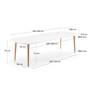 Table extensible Oqui MDF laqué blanc et pieds en bois de hêtre massif 160 (260) x 100 cm - dimensions