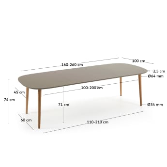 Oqui oval extendable MDF table with brown lacquer and solid beech legs 160 (260) x 100 cm - sizes