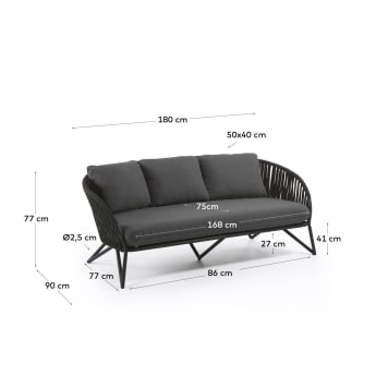 Sofa 3-osobowa Branzie z czarnej liny 180 cm - rozmiary