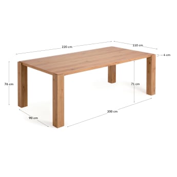 Table Deyanira en contreplaqué de chêne et pieds en bois de chêne massif 220 x 110 cm - dimensions