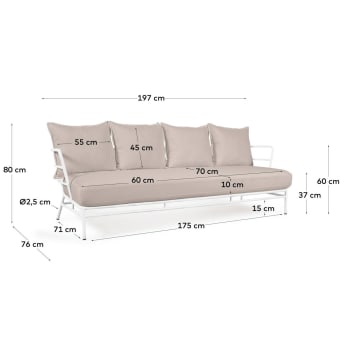 Mareluz 3 seater sofa in white steel, 197 cm - sizes
