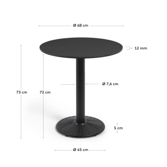 Tiaret circular outdoor table in black with metal legs and a black painted finish, Ø 68 cm - sizes