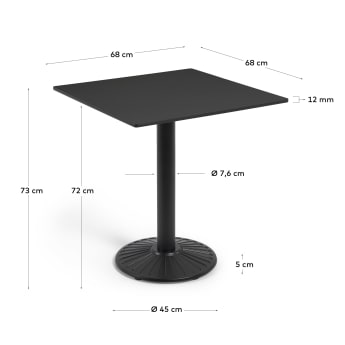 Tiaret outdoor table in black with metal legs, and a black painted finish, 68 x 68 cm - sizes