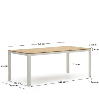 Table 100% d'extérieur Bona bois de teck massif et aluminium finition blanche 200 x 100 cm - dimensions
