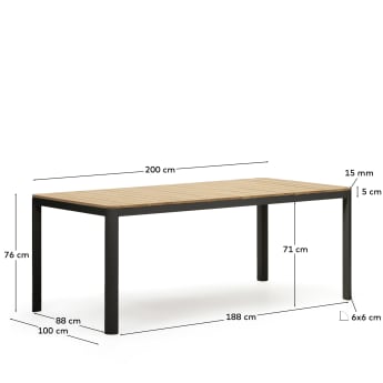 Table 100 % d'extérieur Bona bois de teck massif et aluminium finition noire 200 x 100 cm - dimensions