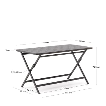 Tavolo da esterno pieghevole Torreta in alluminio con finitura grigio scuro 140 x 70 cm - dimensioni